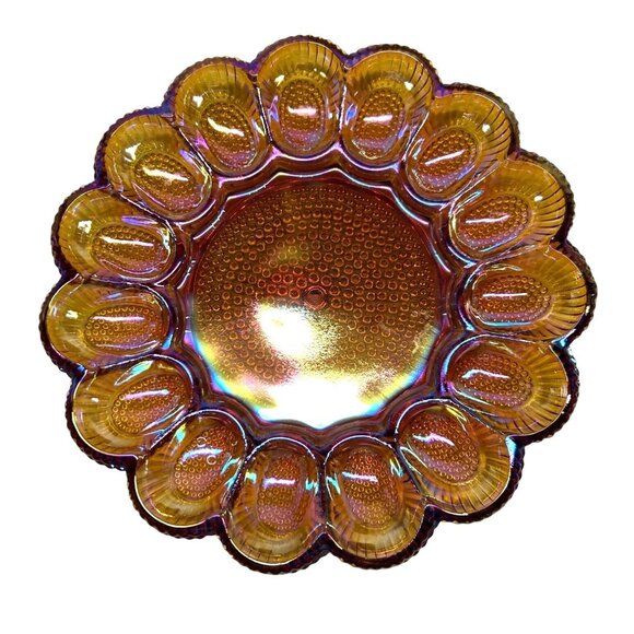 Vintage Indiana Glass Iridescent Gold Egg Dish 1213 11" - Picture 2 of 5